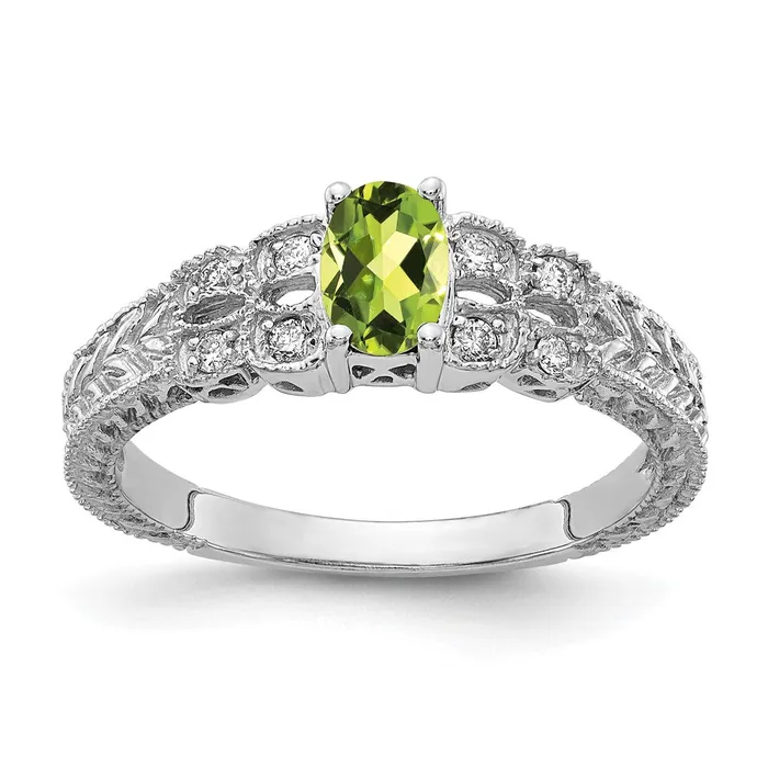Rings 14k White Gold 6x4mm Oval Peridot Checker AAA Diamond ring Goldia
