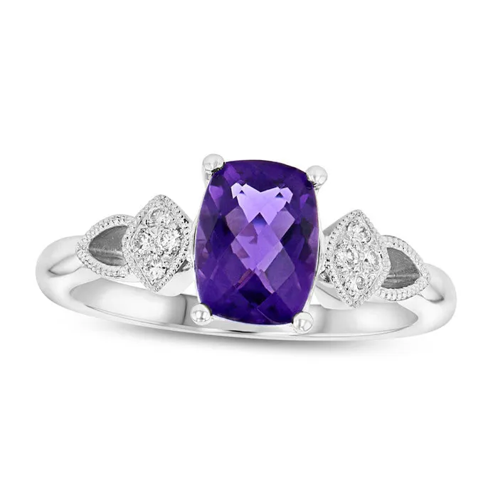 Rings CushionCut Amethyst and 007 CT TW Natural Diamond Antique VintageStyle Art Deco Ring in Solid 14K White Gold Goldia Rings CushionCut Amethyst and 007 CT TW Natural Diamond Antique VintageStyle Art Deco Ring in Solid 14K White Gold Goldia