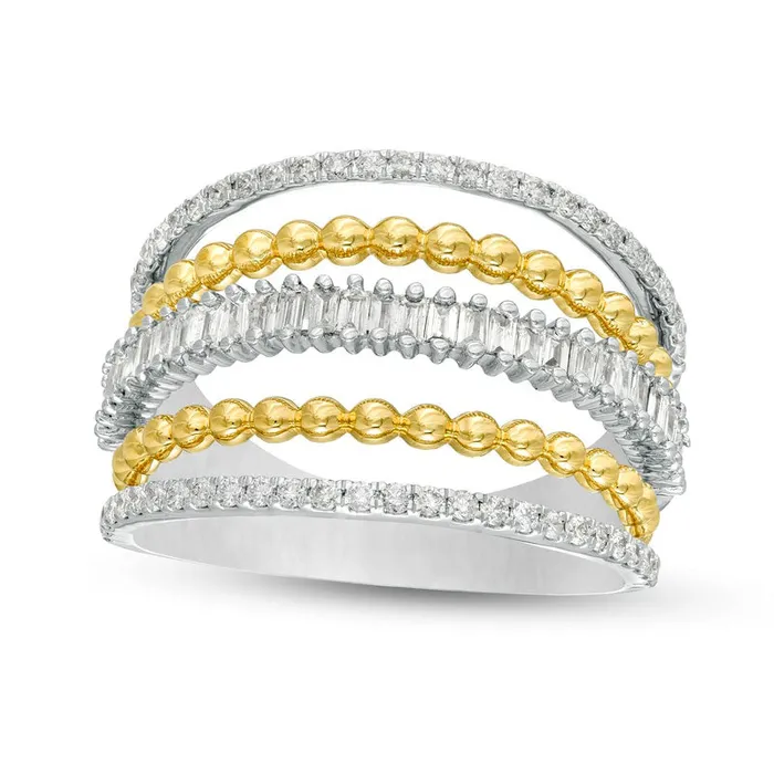 Rings Goldia 063 CT TW Baguette and Round Natural Diamond MultiRow Split Shank Ring in Solid 10K TwoTone Gold Rings Goldia 063 CT TW Baguette and Round Natural Diamond MultiRow Split Shank Ring in Solid 10K TwoTone Gold