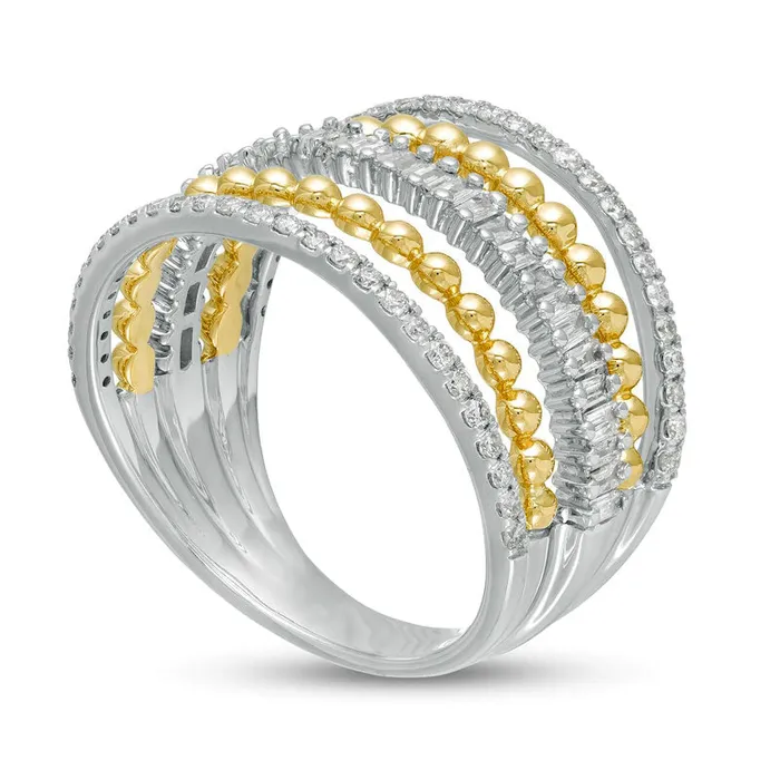 Rings Goldia 063 CT TW Baguette and Round Natural Diamond MultiRow Split Shank Ring in Solid 10K TwoTone Gold Rings Goldia 063 CT TW Baguette and Round Natural Diamond MultiRow Split Shank Ring in Solid 10K TwoTone Gold