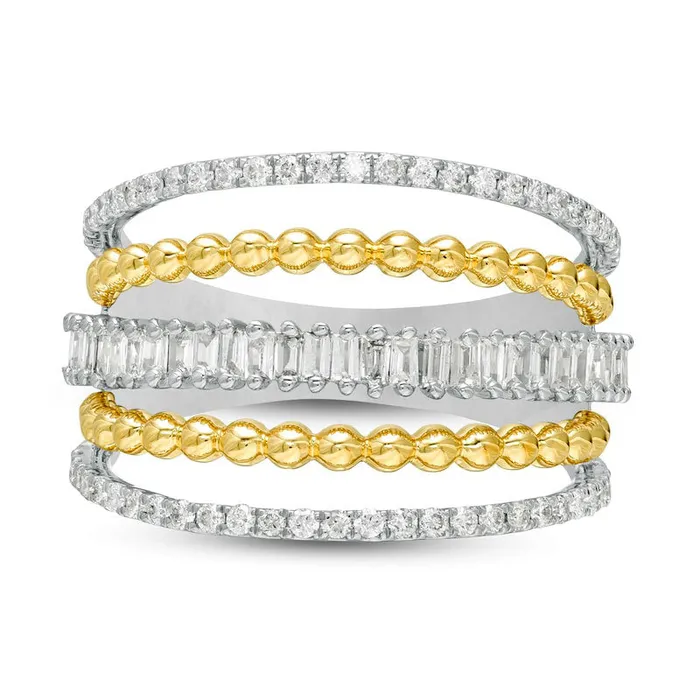 Rings Goldia 063 CT TW Baguette and Round Natural Diamond MultiRow Split Shank Ring in Solid 10K TwoTone Gold Rings Goldia 063 CT TW Baguette and Round Natural Diamond MultiRow Split Shank Ring in Solid 10K TwoTone Gold