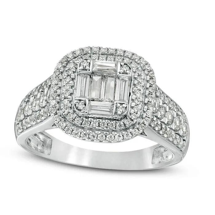 Rings Goldia 10 CT TW Baguette and Round Composite Natural Diamond Cushion Frame MultiRow Engagement Ring in Solid 10K White Gold