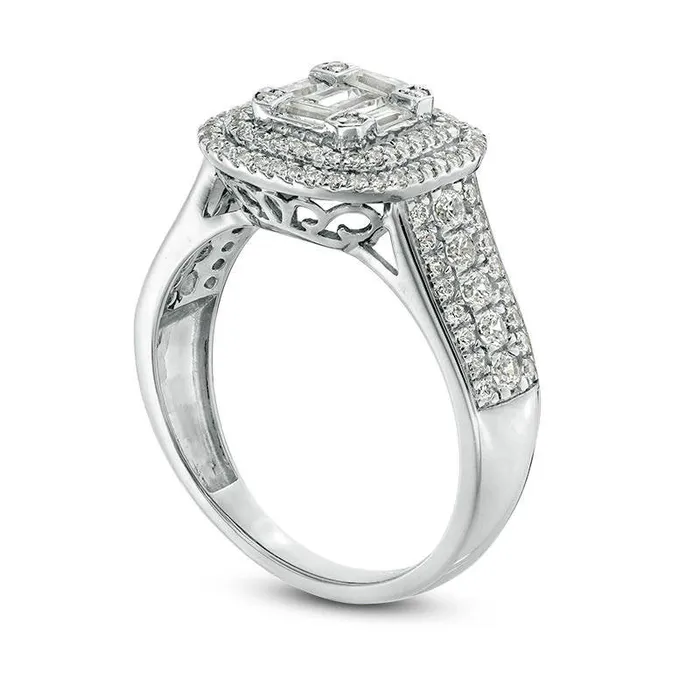 Rings Goldia 10 CT TW Baguette and Round Composite Natural Diamond Cushion Frame MultiRow Engagement Ring in Solid 10K White Gold Rings Goldia 10 CT TW Baguette and Round Composite Natural Diamond Cushion Frame MultiRow Engagement Ring in Solid 10K White Gold