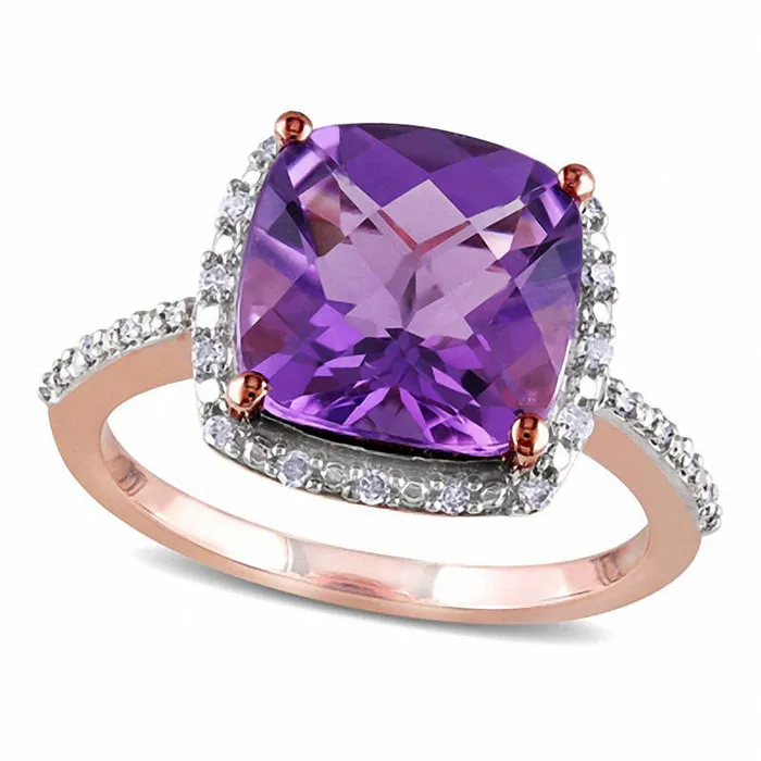 Rings Goldia 100mm CushionCut Amethyst and 010 CT TW Natural Diamond Frame Ring in Solid 10K Rose Gold Rings Goldia 100mm CushionCut Amethyst and 010 CT TW Natural Diamond Frame Ring in Solid 10K Rose Gold