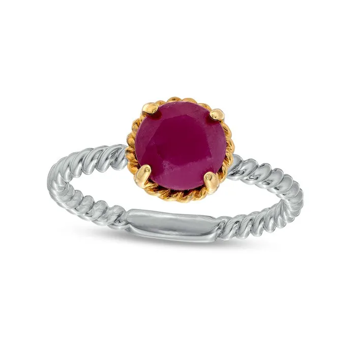 Rings Goldia 70mm Ruby Solitaire RopeTextured Frame and Shank Ring in Sterling Silver and Solid 10K Yellow Gold Rings Goldia 70mm Ruby Solitaire RopeTextured Frame and Shank Ring in Sterling Silver and Solid 10K Yellow Gold