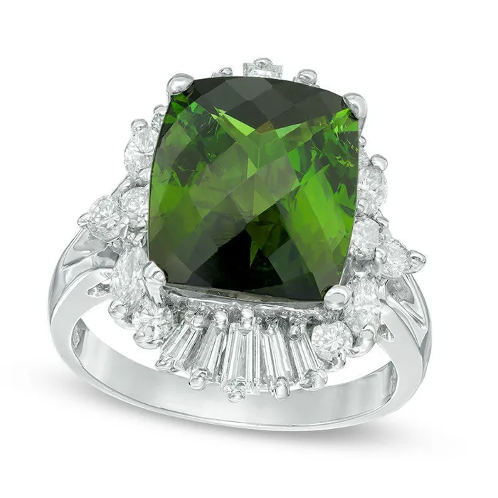 Rings Goldia CushionCut Green Tourmaline and 120 CT TW Natural Diamond Cluster Frame Ring in Solid 14K White Gold