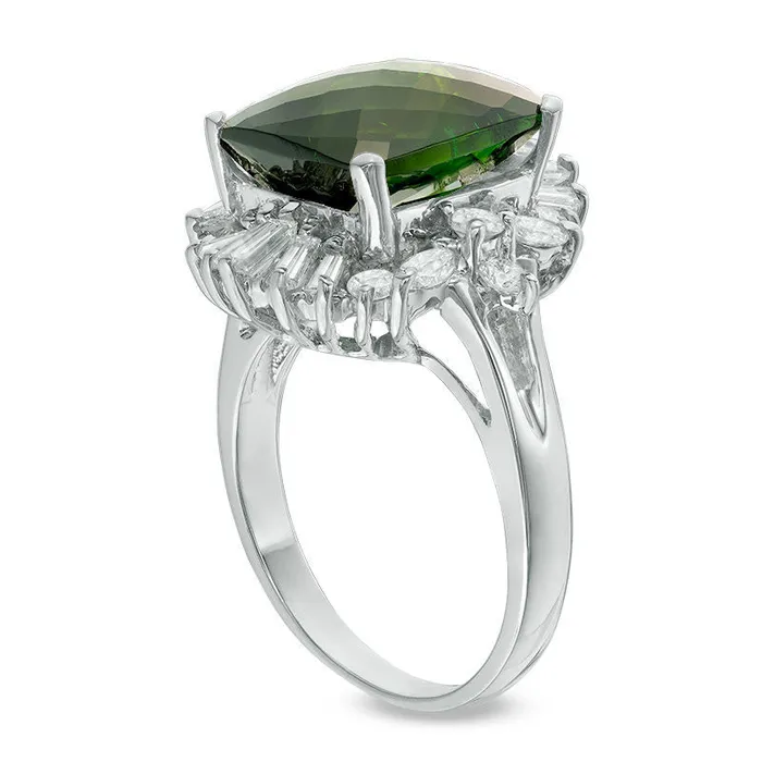 Rings Goldia CushionCut Green Tourmaline and 120 CT TW Natural Diamond Cluster Frame Ring in Solid 14K White Gold Rings Goldia CushionCut Green Tourmaline and 120 CT TW Natural Diamond Cluster Frame Ring in Solid 14K White Gold