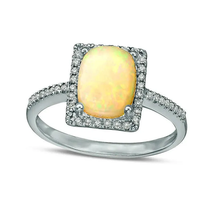 Rings Goldia CushionCut Opal and 013 CT TW Natural Diamond Rectangle Frame Ring in Solid 10K White Gold Rings Goldia CushionCut Opal and 013 CT TW Natural Diamond Rectangle Frame Ring in Solid 10K White Gold