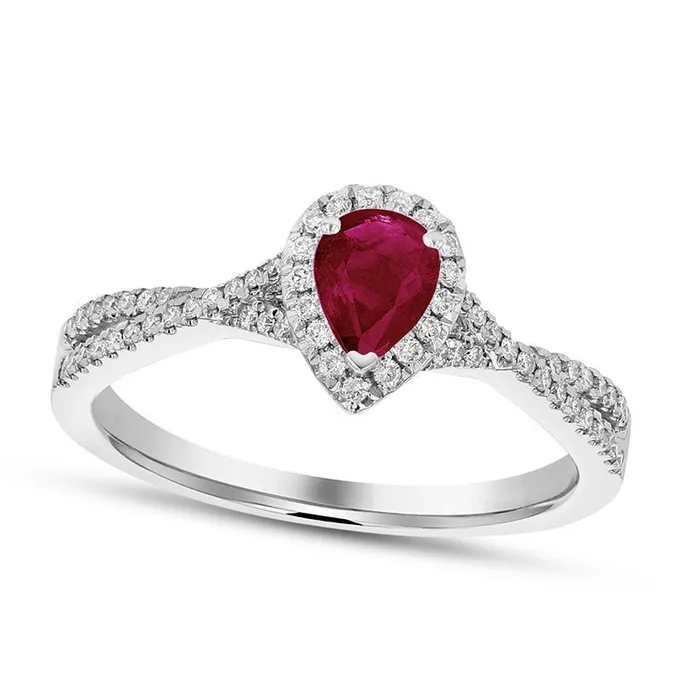 Rings Goldia PearShaped Ruby and 020 CT TW Natural Diamond Frame Crossover Engagement Ring in Solid 18K White Gold Rings Goldia PearShaped Ruby and 020 CT TW Natural Diamond Frame Crossover Engagement Ring in Solid 18K White Gold