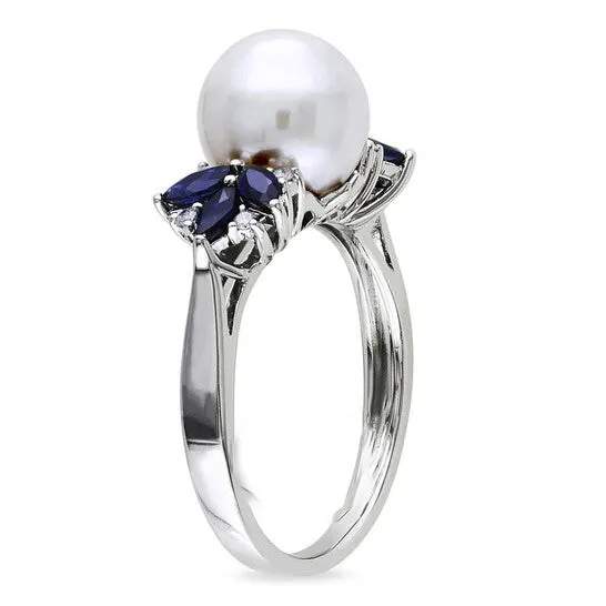 Rings JMS always Original Amour 10k White Gold 995 mm Freshwater Cultured White Pearl and 58 CT TGW Sapphire with 006 CT TDW Diamond Cocktail Ring Rings JMS always Original Amour 10k White Gold 995 mm Freshwater Cultured White Pearl and 58 CT TGW Sapphire with 006 CT TDW Diamond Cocktail Ring