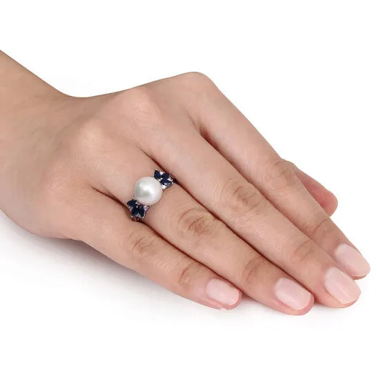 Rings JMS always Original Amour 10k White Gold 995 mm Freshwater Cultured White Pearl and 58 CT TGW Sapphire with 006 CT TDW Diamond Cocktail Ring Rings JMS always Original Amour 10k White Gold 995 mm Freshwater Cultured White Pearl and 58 CT TGW Sapphire with 006 CT TDW Diamond Cocktail Ring