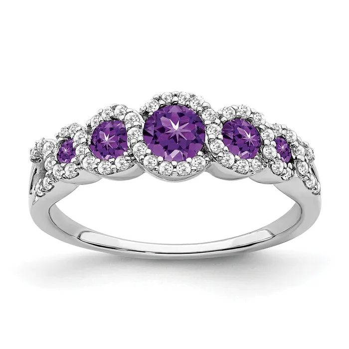 Rings Solid 14k White Gold Simulated Amethyst and CZ Ring Goldia