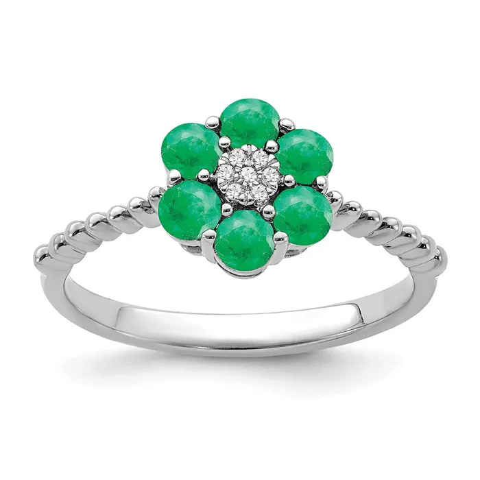 Rings Solid 14k White Gold Simulated Emerald and CZ Floral Ring Goldia