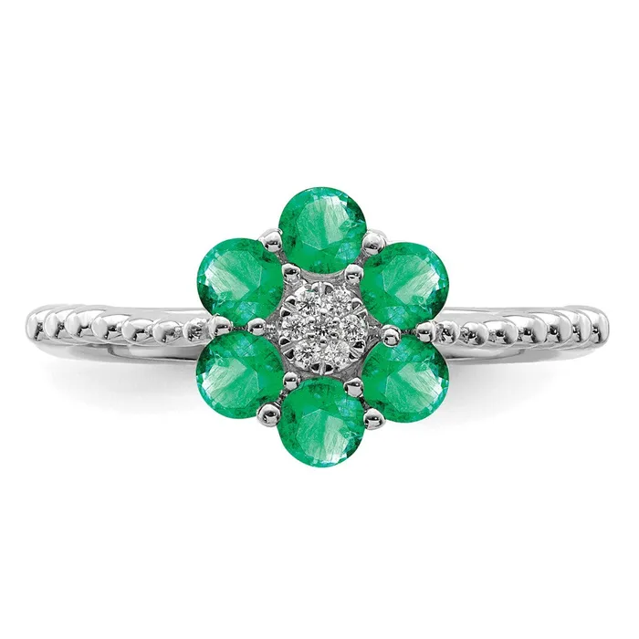 Rings Solid 14k White Gold Simulated Emerald and CZ Floral Ring Goldia