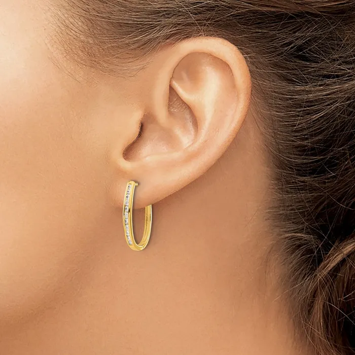 Solid 14k Yellow Gold Simulated CZ Oval Hinged Hoop Earrings Goldia Earrings