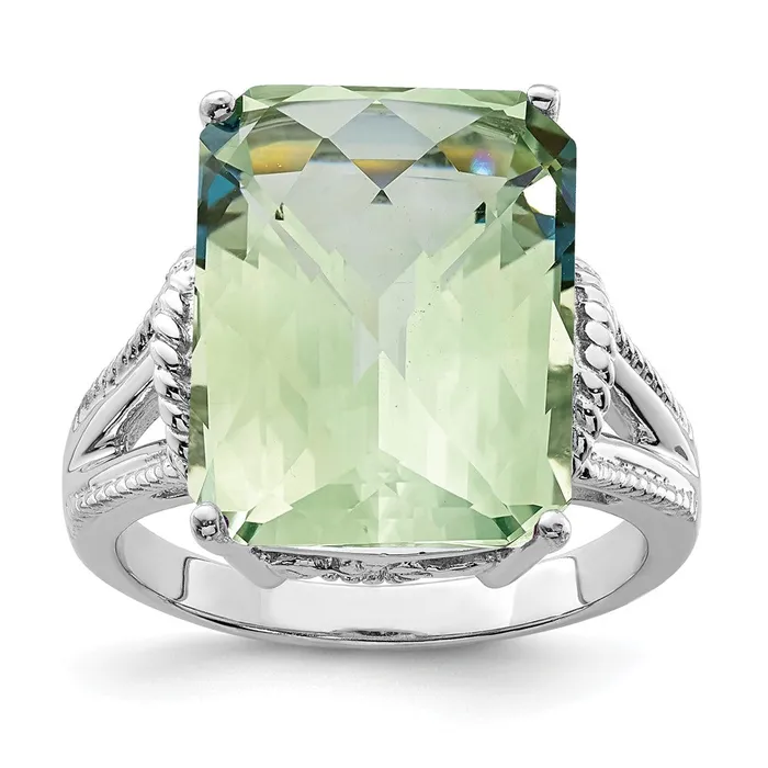 Sterling Silver Rhodium CheckerCut Green Quartz Ring Goldia Rings