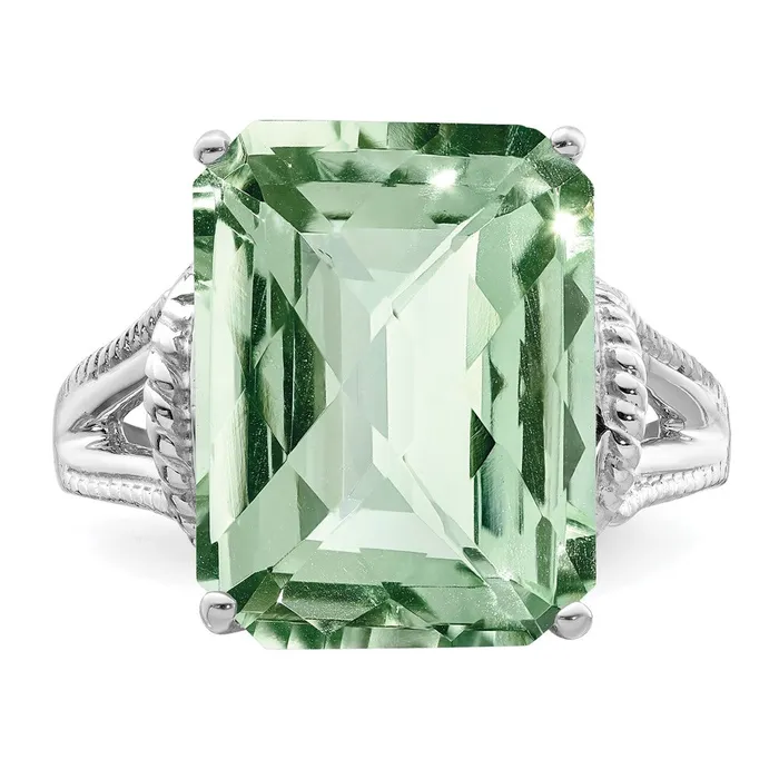 Sterling Silver Rhodium CheckerCut Green Quartz Ring Goldia Rings
