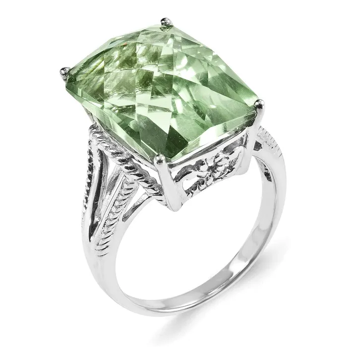 Sterling Silver Rhodium CheckerCut Green Quartz Ring Goldia Rings