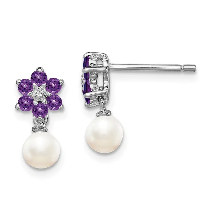 Sterling Silver Rhodium FW Cultured Pearl Amethyst Diamond Earrings Goldia Earrings Sterling Silver Rhodium FW Cultured Pearl Amethyst Diamond Earrings Goldia Earrings