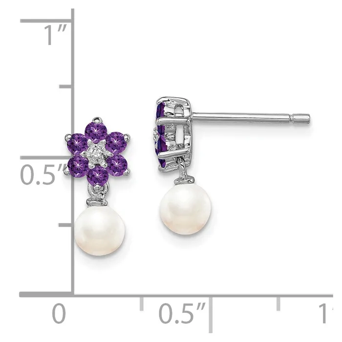 Sterling Silver Rhodium FW Cultured Pearl Amethyst Diamond Earrings Goldia Earrings