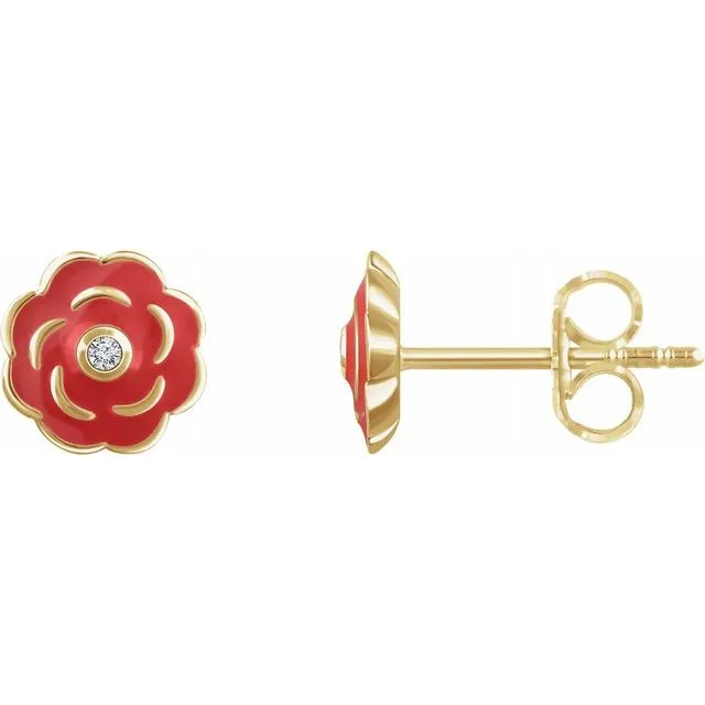 10K Yellow 01 CTW Diamond Enamel Flower Earrings TreasureFineJewelers Earrings