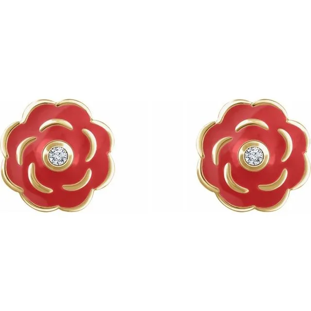 10K Yellow 01 CTW Diamond Enamel Flower Earrings TreasureFineJewelers Earrings