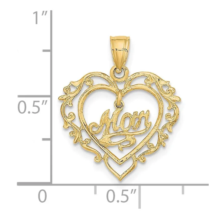 14K Polished MOM Dangle in Fancy Heart Pendant TreasureFineJewelers Necklaces