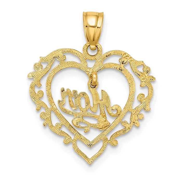 14K Polished MOM Dangle in Fancy Heart Pendant TreasureFineJewelers Necklaces
