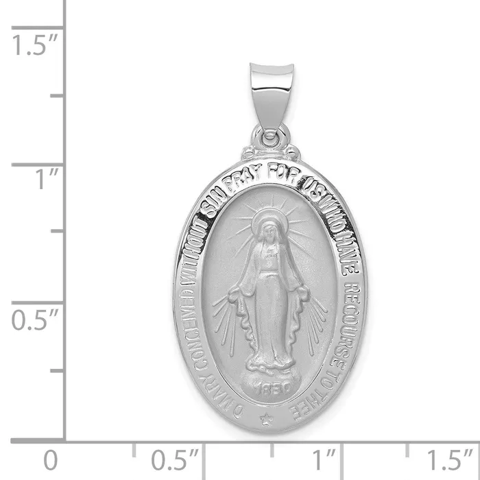 14k White Gold PolishedSatin Miraculous Medal Hollow Pendant TreasureFineJewelers Necklaces