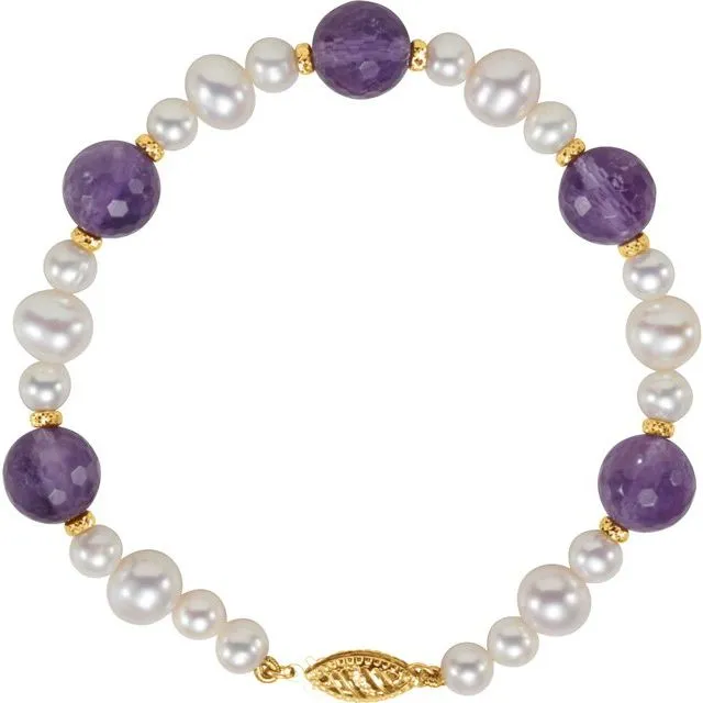 14K Yellow Gold Freshwater Cultured Pearl Amethyst 75 Bracelet TreasureFineJewelers Bracelets 14K Yellow Gold Freshwater Cultured Pearl Amethyst 75 Bracelet TreasureFineJewelers Bracelets