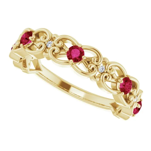 14K Yellow LabGrown Ruby 02 CTW Natural Diamond Scroll Ring TreasureFineJeweler Rings