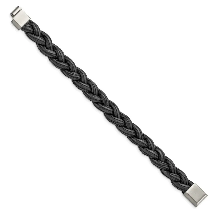 Bracelets Chisel Stainless Steel Brushed Black and Grey Braided Leather 825 inch Bracelet TreasureFineJewelers