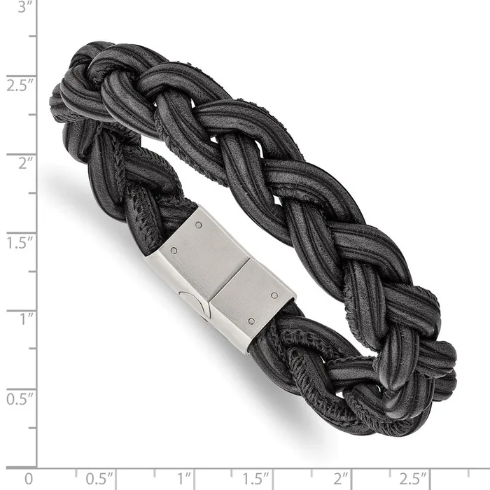 Bracelets Chisel Stainless Steel Brushed Black and Grey Braided Leather 825 inch Bracelet TreasureFineJewelers