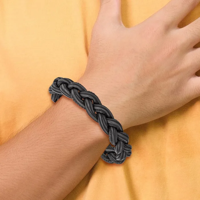 Bracelets Chisel Stainless Steel Brushed Black and Grey Braided Leather 825 inch Bracelet TreasureFineJewelers