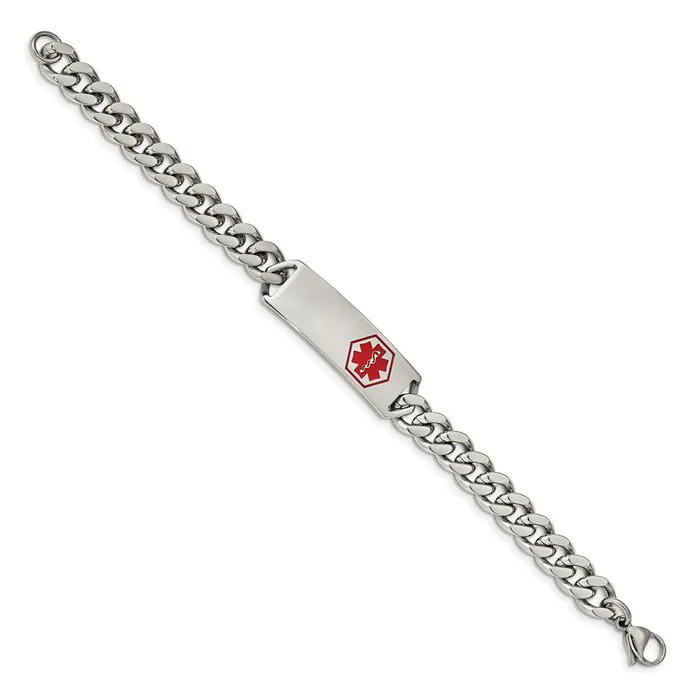 Bracelets Chisel Stainless Steel Polished with Red Enamel Medical ID 8 inch Curb Chain Bracelet TreasureFineJewelers