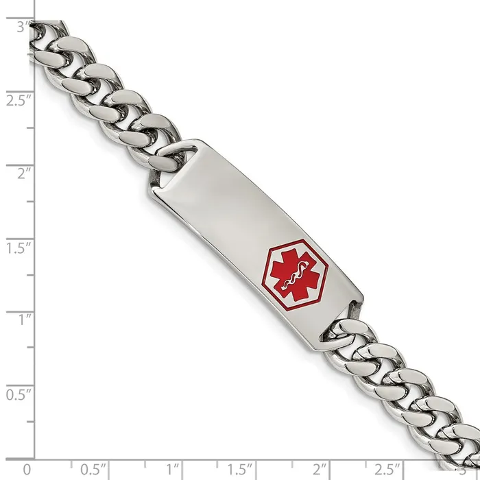 Bracelets Chisel Stainless Steel Polished with Red Enamel Medical ID 8 inch Curb Chain Bracelet TreasureFineJewelers