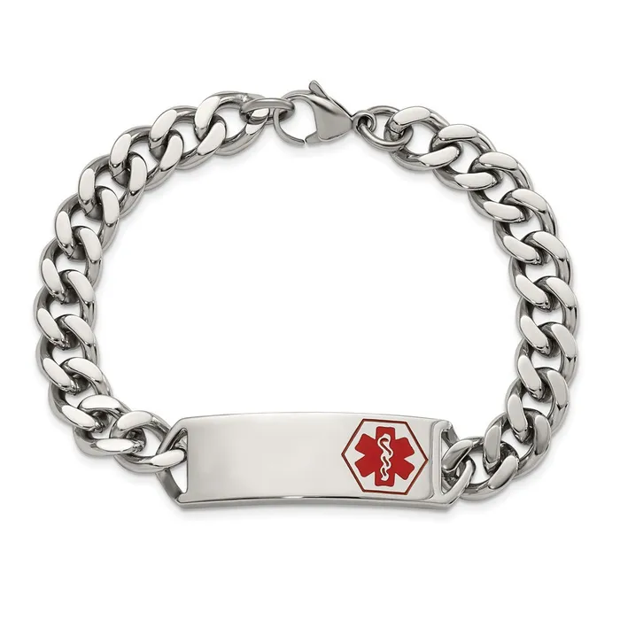 Bracelets Chisel Stainless Steel Polished with Red Enamel Medical ID 8 inch Curb Chain Bracelet TreasureFineJewelers
