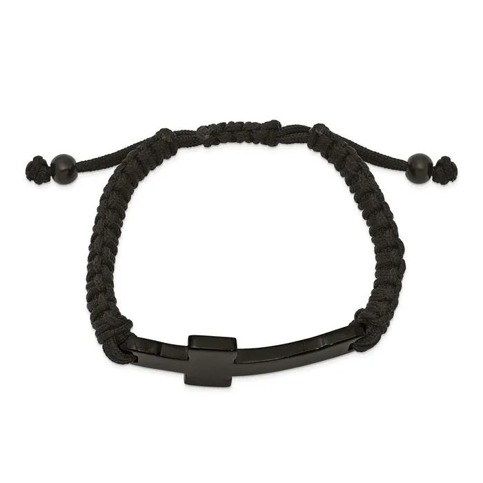 Bracelets TreasureFineJewelers Chisel Stainless Steel Polished Black IPplated Cross Black Nylon Adjustable Bracelet