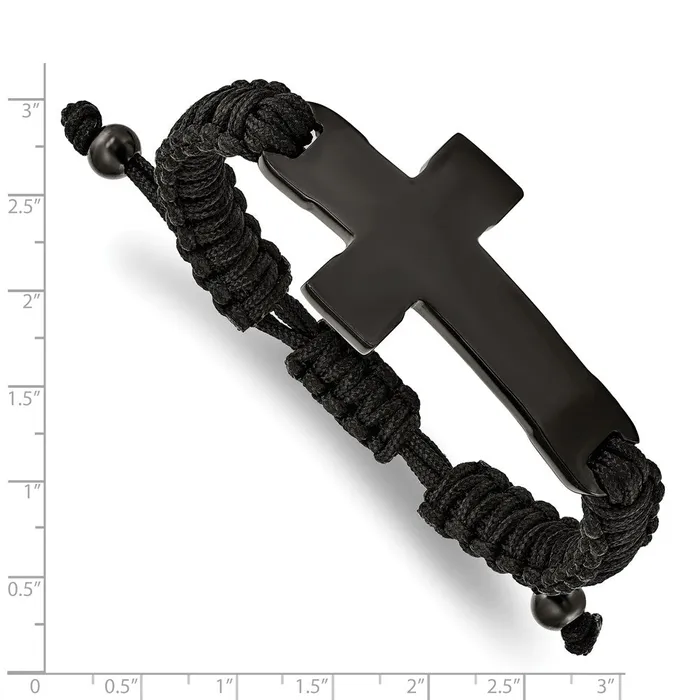Bracelets TreasureFineJewelers Chisel Stainless Steel Polished Black IPplated Cross Black Nylon Adjustable Bracelet