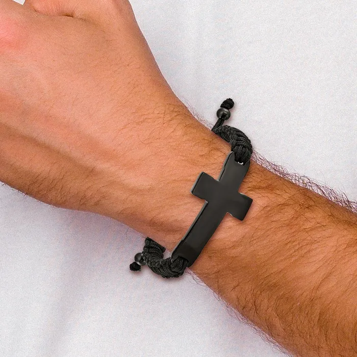 Bracelets TreasureFineJewelers Chisel Stainless Steel Polished Black IPplated Cross Black Nylon Adjustable Bracelet
