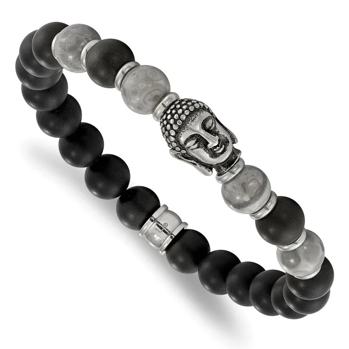 Chisel Stainless Steel Antiqued and Polished Buddha 8mm Black Agate and Grey Jasper Beaded Stretch Bracelet TreasureFineJewelers Bracelets Chisel Stainless Steel Antiqued and Polished Buddha 8mm Black Agate and Grey Jasper Beaded Stretch Bracelet TreasureFineJewelers Bracelets