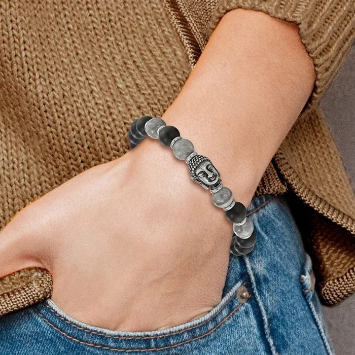 Chisel Stainless Steel Antiqued and Polished Buddha 8mm Black Agate and Grey Jasper Beaded Stretch Bracelet TreasureFineJewelers Bracelets