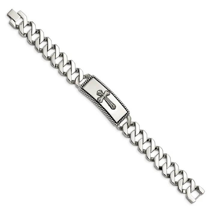 Chisel Stainless Steel Antiqued Polished and Textured 85 inch Cross ID Bracelet TreasureFineJewelers Bracelets