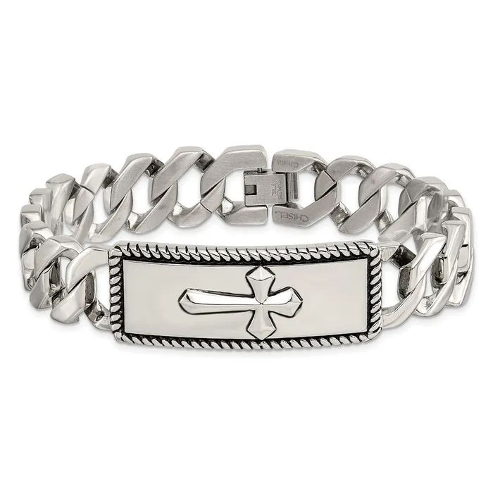 Chisel Stainless Steel Antiqued Polished and Textured 85 inch Cross ID Bracelet TreasureFineJewelers Bracelets