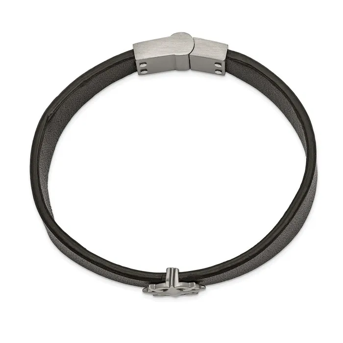 Chisel Stainless Steel Brushed Antiqued White Bronzeplated Compass Black Leather 825 inch Bracelet TreasureFineJewelers Bracelets