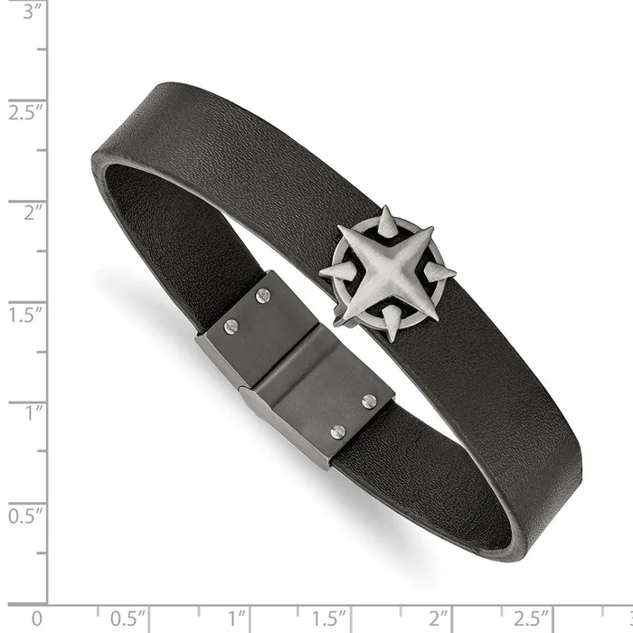 Chisel Stainless Steel Brushed Antiqued White Bronzeplated Compass Black Leather 825 inch Bracelet TreasureFineJewelers Bracelets