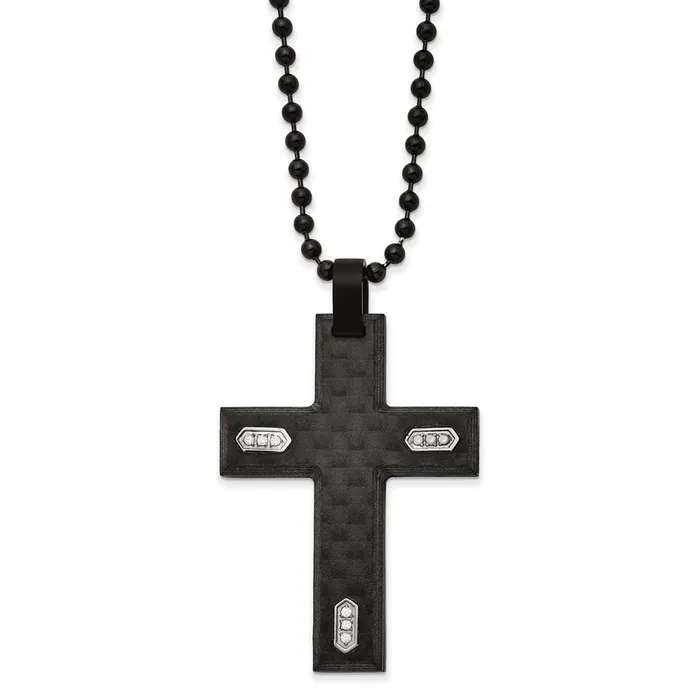 Chisel Stainless Steel Brushed Black IPplated and Black Carbon Fiber with CZ Cross Pendanat on a 24 inch Ball Chain Necklace TreasureFineJewelers Necklaces Chisel Stainless Steel Brushed Black IPplated and Black Carbon Fiber with CZ Cross Pendanat on a 24 inch Ball Chain Necklace TreasureFineJewelers Necklaces