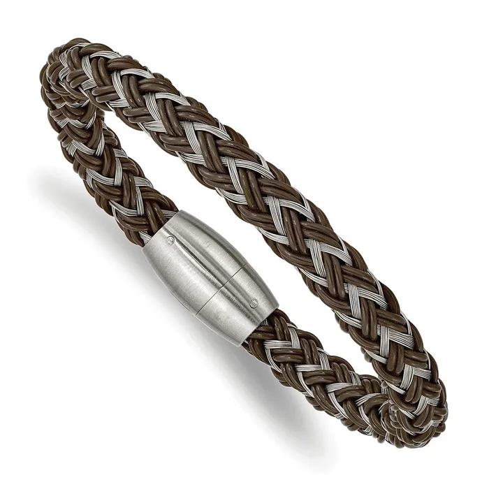 Chisel Stainless Steel Brushed Braided Wire and Brown Rubber 85 inch Bracelet TreasureFineJewelers Bracelets Chisel Stainless Steel Brushed Braided Wire and Brown Rubber 85 inch Bracelet TreasureFineJewelers Bracelets