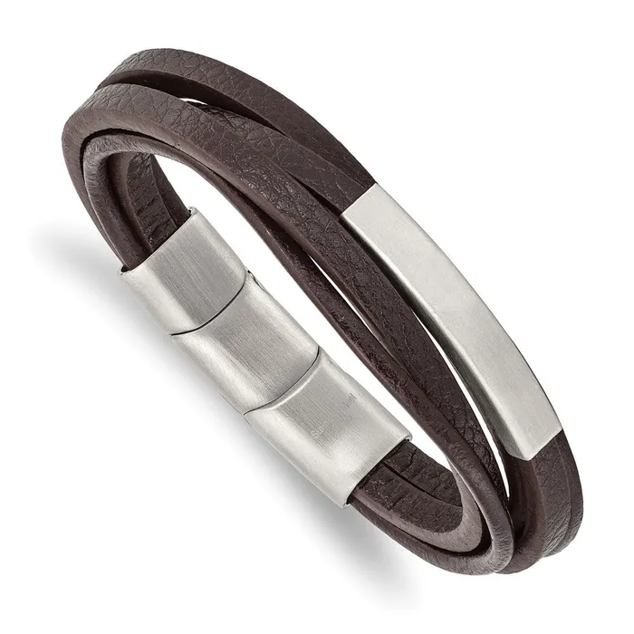 Chisel Stainless Steel Brushed Multi Strand Brown PU Leather 8 inch ID Bracelet with 5 inch Extension TreasureFineJewelers Bracelets Chisel Stainless Steel Brushed Multi Strand Brown PU Leather 8 inch ID Bracelet with 5 inch Extension TreasureFineJewelers Bracelets