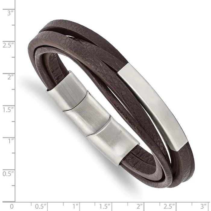 Chisel Stainless Steel Brushed Multi Strand Brown PU Leather 8 inch ID Bracelet with 5 inch Extension TreasureFineJewelers Bracelets